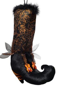 Hobby Lobby Plush Witch Boot Legs Halloween Décor 15 x 8" Black Orange Jeweled